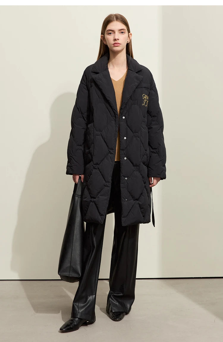 AMII Minimalism Down Jacket For Women 2025 New Blazer Collar Winter Lightweight Thermal Belt Diamond Solid Coat Female 12344061