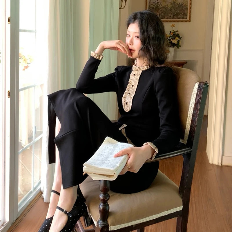 Women Clothes Black Vintage Outfits Elegant Ruffle O-Neck Tops Shirt Blouse And High Waist Midi Skirt Mujer 2 Pieces Set Formal