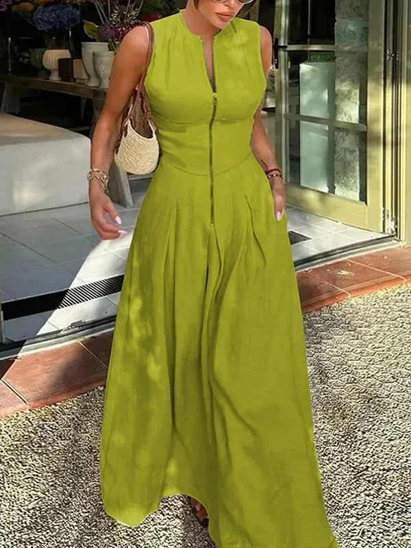 Lemongor Women Fashion Solid Color Zipper A-Line Dress 2025 New Summer Sleeveless Pockets Pleated Party Evening Maxi Dresses