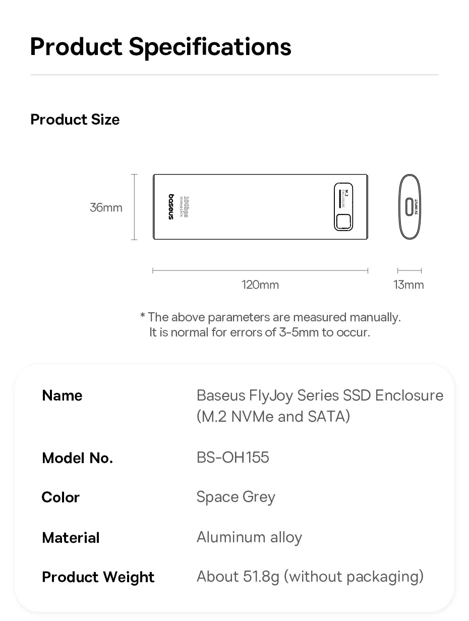 Baseus M2 SSD Case NVMe SATA Dual Protocol 10Gbps M.2 to USB Type C 3.2 Gen 2 Portable SATA NVMe External Enclosure SSD Box Case