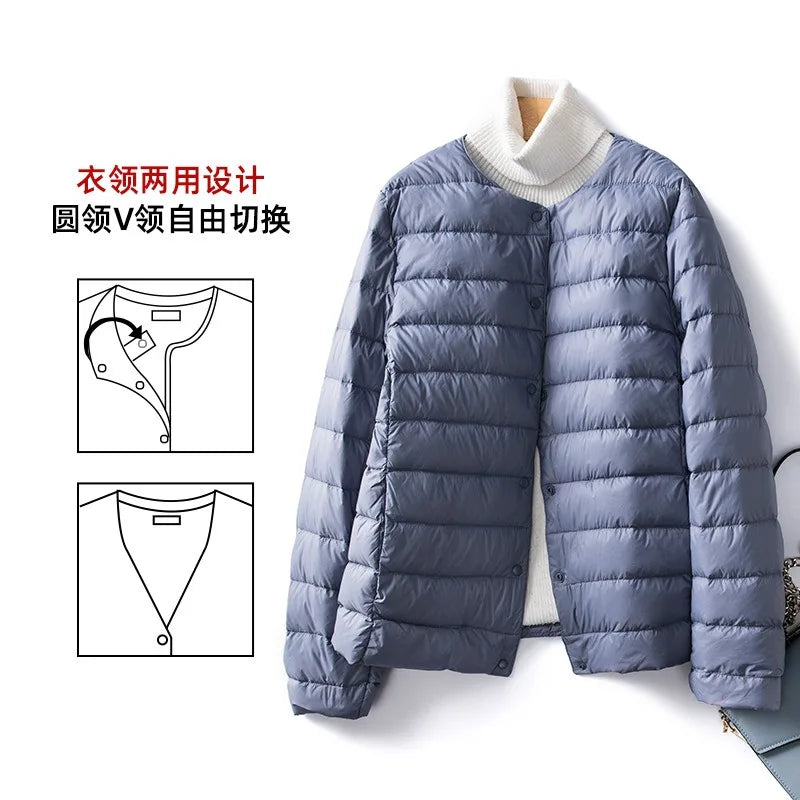 Light Down Coat Women Liner Duck Down Jacket O-neck Variable V-neck New Female Winter Collarless Ultralight Quilted Puffer Coat