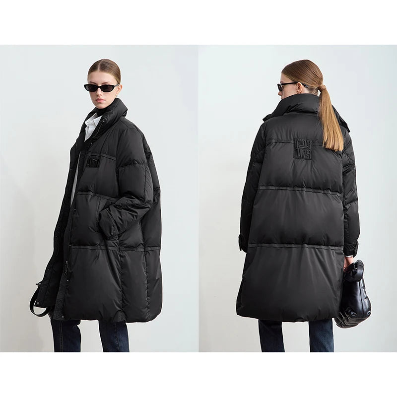 Amii 2024 Winter New Women's Velcro Loose Coat Top Warm Stand-up Collar Letter Embroidered Seal Zipper Down Jacket 12444103