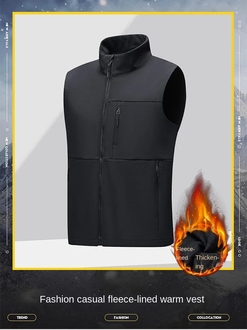 Soft shell thick vest men's autumn and winter work clothes plush jacket waterproof sleeveless windproof running sports vest