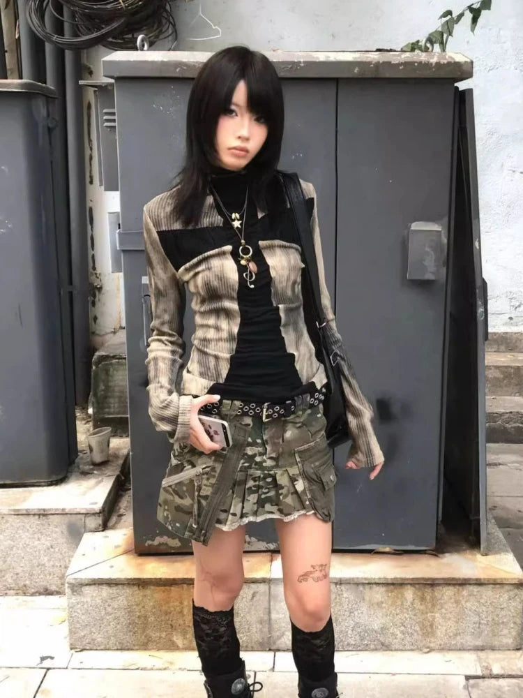 Long Sleeve Sexy Y2k T-shirt Women Tops High Neck Black Gothic Tees Cross Hollow Slimming Bottom Knitted Shirt Women Halloween