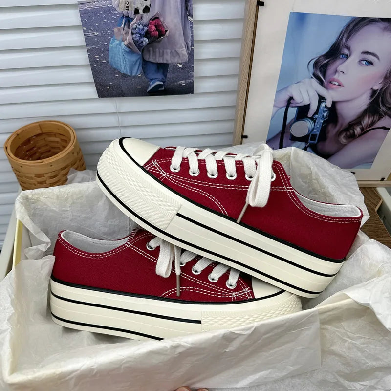 2024 New Style Korean Versatilewine Red High Top Shiny Canva Women's Shoes With Thick Sole 4CM Low Top Sneaker H-1