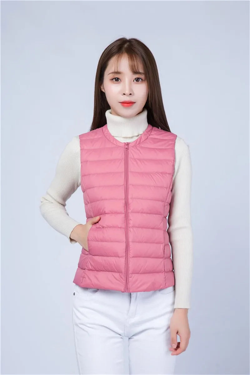 Autumn Winter Women Ultra Light Thin Duck Down Vest Sleeveless O-Neck Zipper Waistcoat Windproof Puffer Female Quilted Jackets