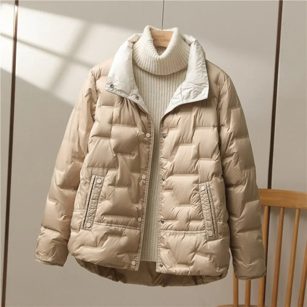 Casual Lapel Single Breasted Jacket Fashion Light Puffer Parka Outwear 2024 New Autumn Winter Women White Duck Down Coat