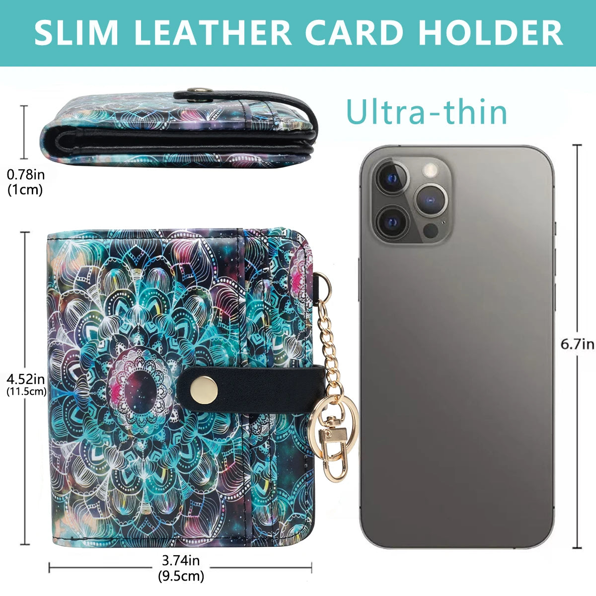 Mandala Flower Pattern Rfid Women's Wallet, Ultra-Thin and Compact Credit Card Wallet with Key Chain, Pu Leather Folding Zipper Coin Bag Id Card Transparent Window, Suitable for Women/Girls/Girls