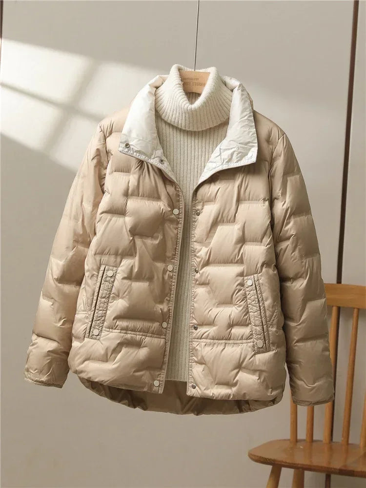 Casual Lapel Single Breasted Jacket Fashion Light Puffer Parka Outwear 2024 New Autumn Winter Women White Duck Down Coat