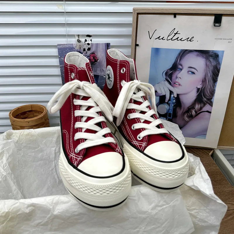 2024 New Style Korean Versatilewine Red High Top Shiny Canva Women's Shoes With Thick Sole 4CM Low Top Sneaker H-1