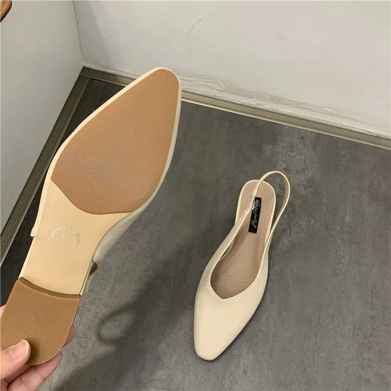 Elegant Slingback Flat Sandals Women Solid Leather Pointed Toe Shoes Summer Ladies Rear Strap Sandalias Low Heel Mary Janes 2025