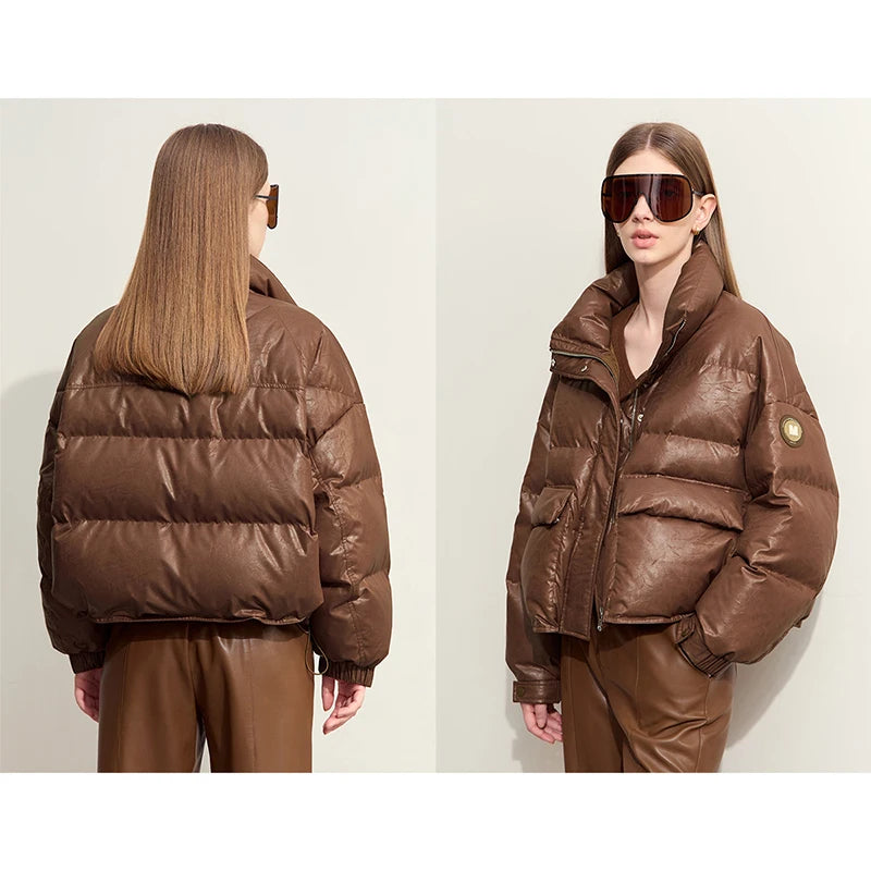 AMII Minimalist Women's Down Coat 2024 Winter Warm Thick Lapel Stand Collar Imitation Leather Duck Down Female Jacket 12444025