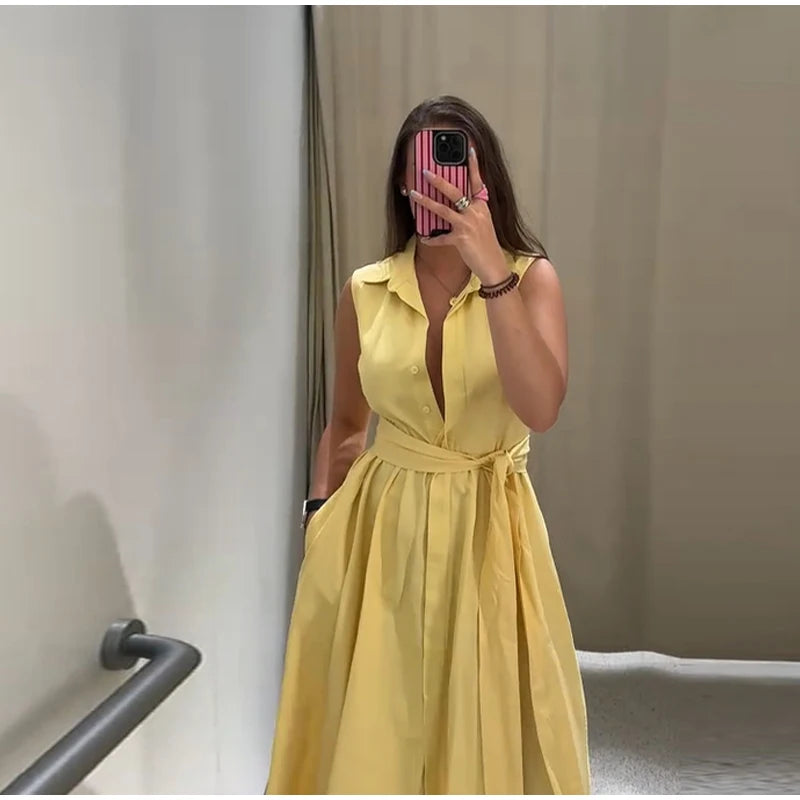 Elegant Single Breasted Khaki Long Dress Women Lapel Short Sleeve Pleat Slim Waist A-line Dresses 2025 Summer Autumn Lady Robes