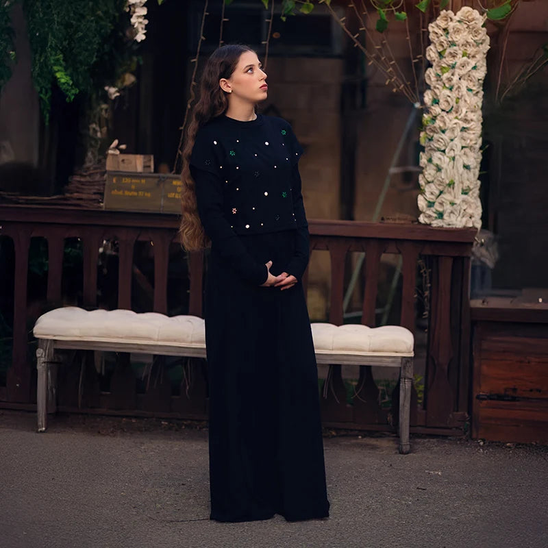 Maxi dress women long sleeve lady dresses flowers and pearls top causual dress round neck black modal ribbed top sizes XS-XXXL