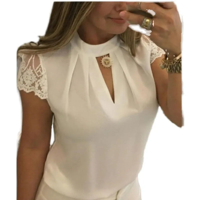 Women's Clothing Women Shirts Blouse high neck deep V-back zipper lace lace lace sleeve patchwork stand up collar shirt Blouses