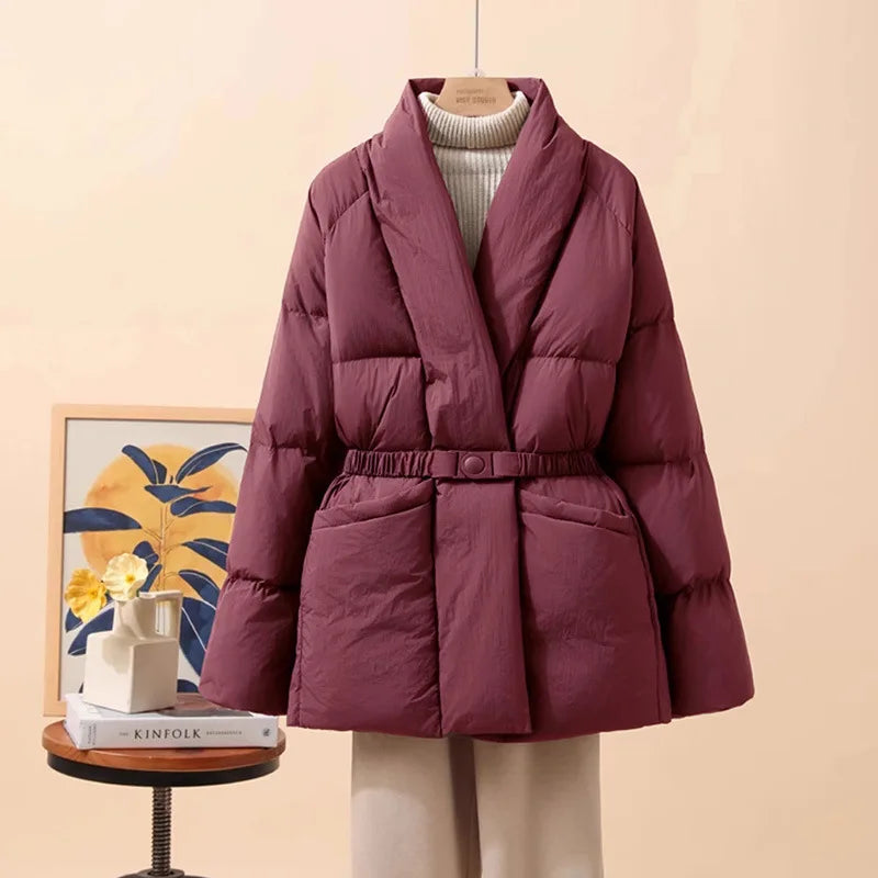 Schinteon Women White Duck Down Jacket Casual Loose Belt V-neck Collar Fashion Autumn Winter Outwear Korean Style Coat 2025 New