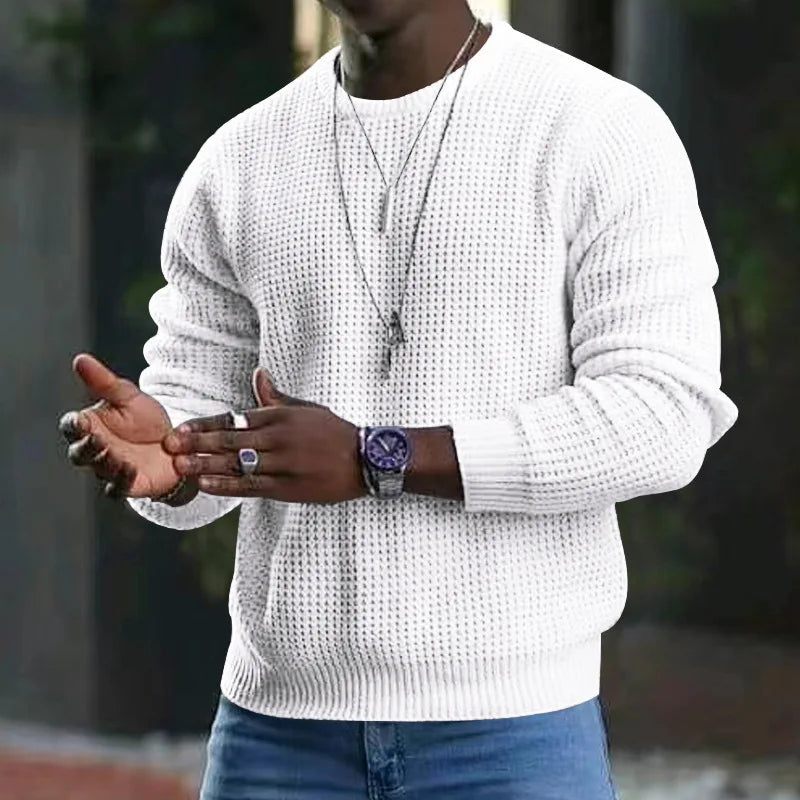 New 2025 Men's Waffle Knitted Sweaters Solid Loose Casual O-neck Pullover Tops Spring Autumn Long Sleeve Sweatshirt Male Sweater