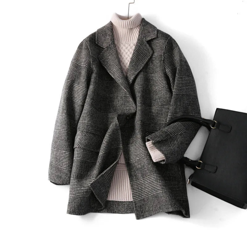 Handmade Sewn Double-sided Woolen Blazer Women Spring Autumn Plaid Wool Overcoat Office Lady Casual Suit Coat Thick Jacket