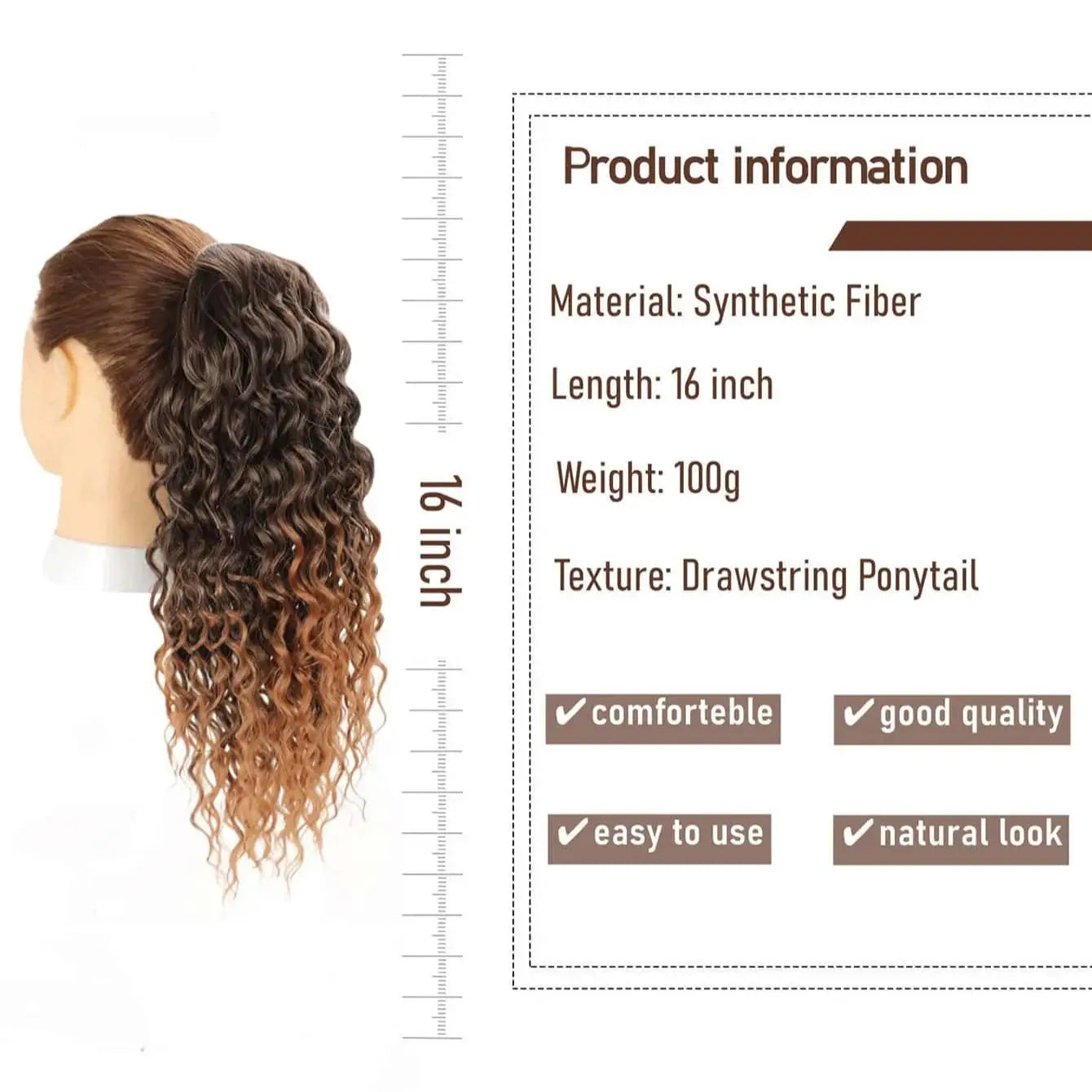 Curly Ponytail Extension Synthetic Drawstring Ponytail for Women 16Inch Long Curly Wavy Clip in Hairpiece for Daily Party