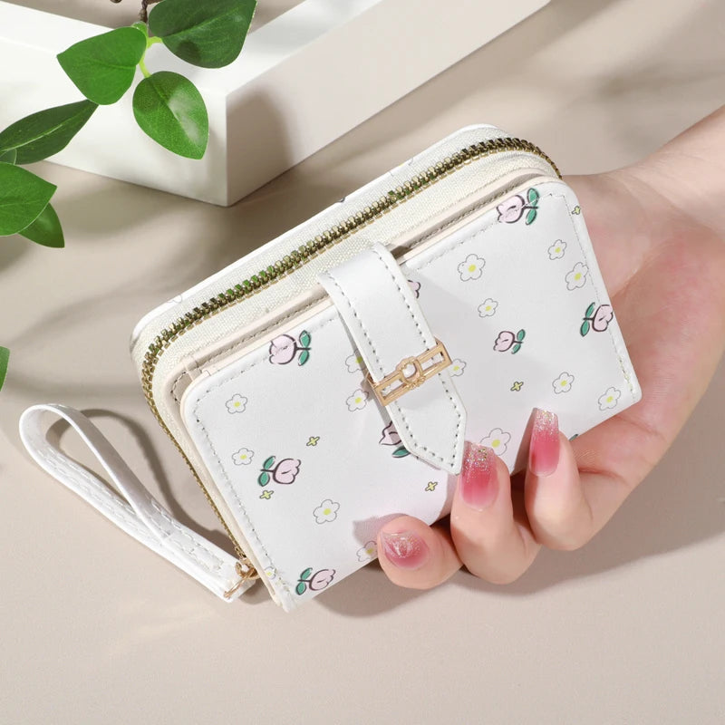 Flower patterned credit card holder for women or men's small card case with zipper hand-held wallet
