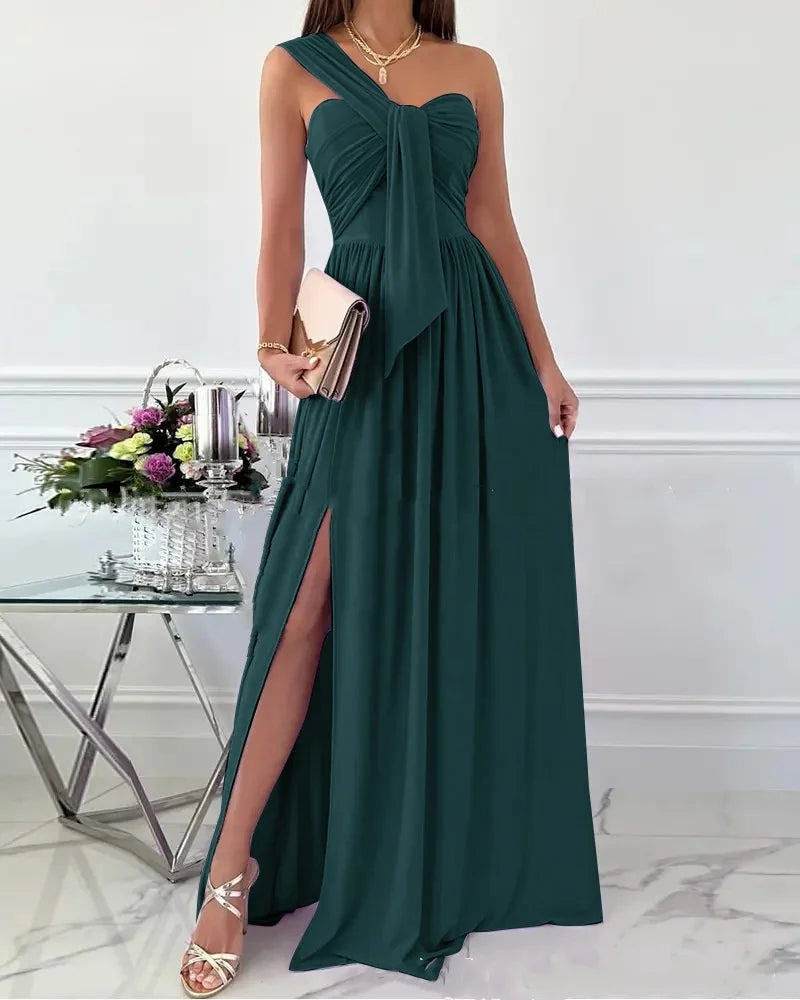 Party Long Maxi Dresses for Women Elegant One Shoulder Ruched Bandeau Evening Party Cocktail Gown Flowy Split Dress