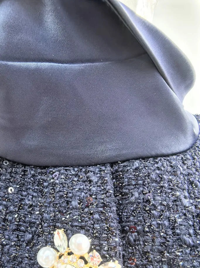 Maxi Formal Luxury Evening Dresses Women Summer Autumn Single Breasted Crystal Satin Tweed Long Dress Blue Party Dinner Vestidos