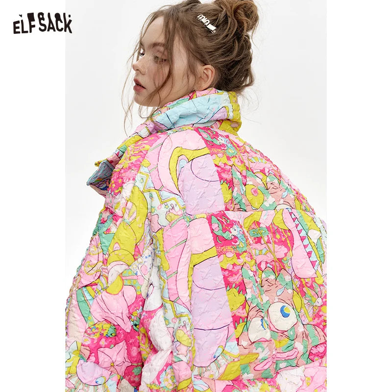 ELFSACK 2024 Winter New Arrivals Stand collar loose full printed short down jacket for women