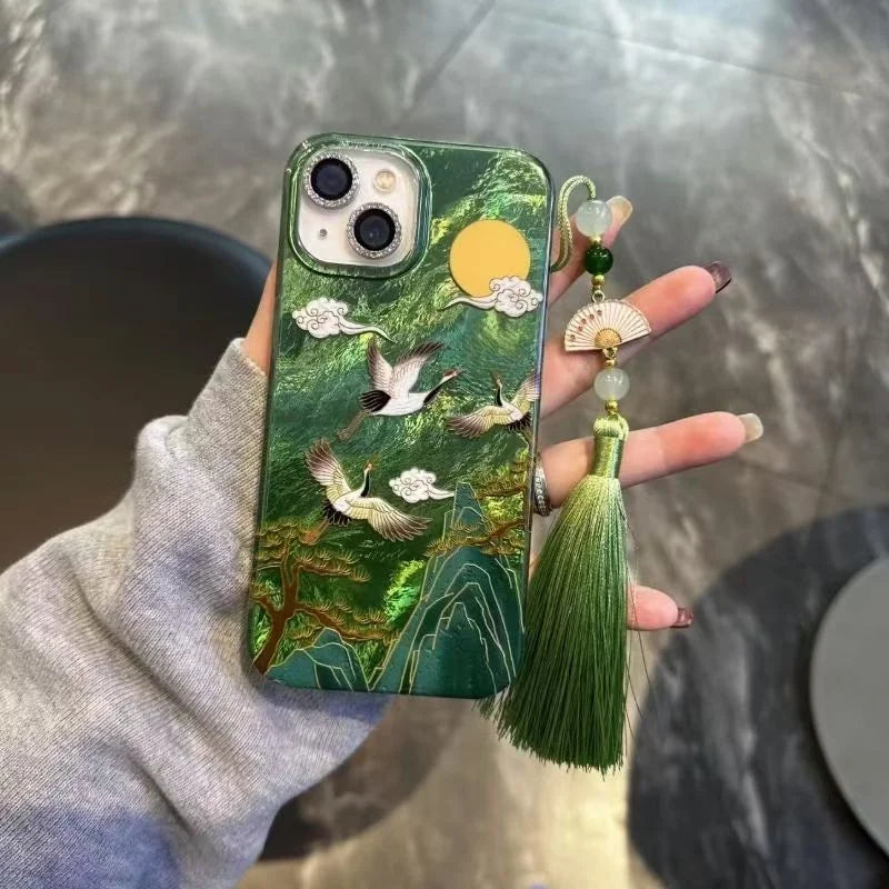 Vortex pattern high mountain auspicious cloud crane phone case with ancient fan tassel for iPhone 11 12 13 14 15 16 17 pro max