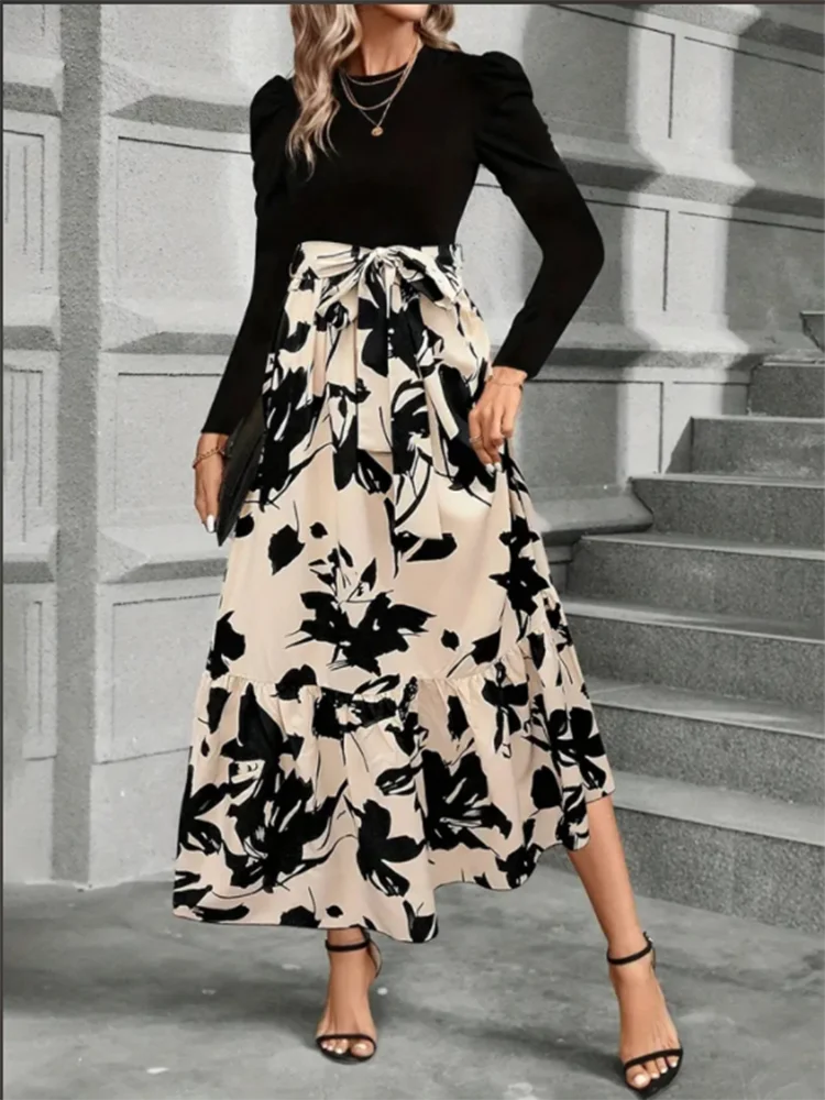 Round Neck Color Blocked Dress Women's Long Sleeved Floral Print A Line Dresses Autumn Elegant Party Dress Robe