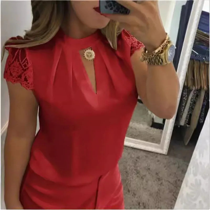 Women's Clothing Women Shirts Blouse high neck deep V-back zipper lace lace lace sleeve patchwork stand up collar shirt Blouses