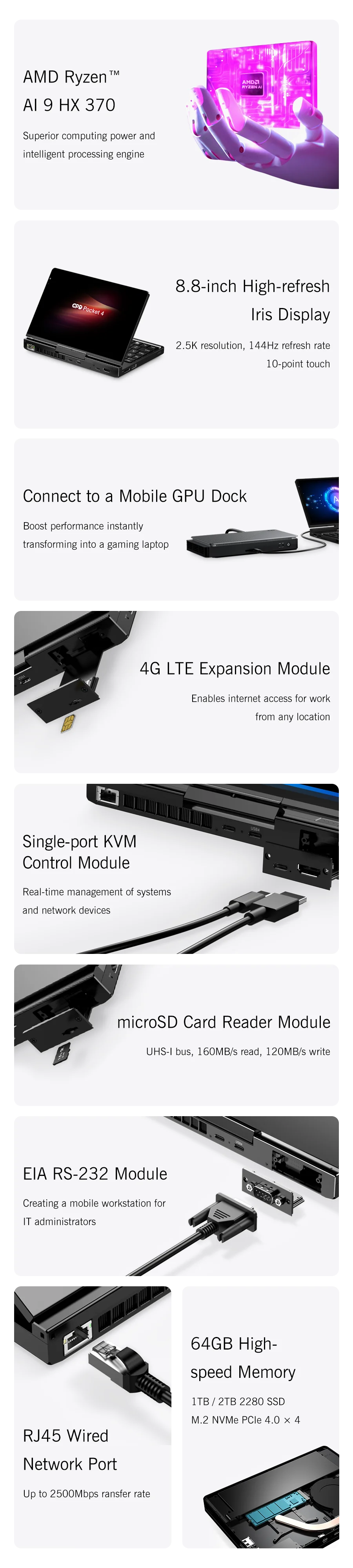 New 2025 version! GPD Pocket 4 8.8-inch AMD AI 9 HX 370 64GB RAM 2TB NVMe 2.5K resolution 144Hz refresh rate Gaming Mini Laptop