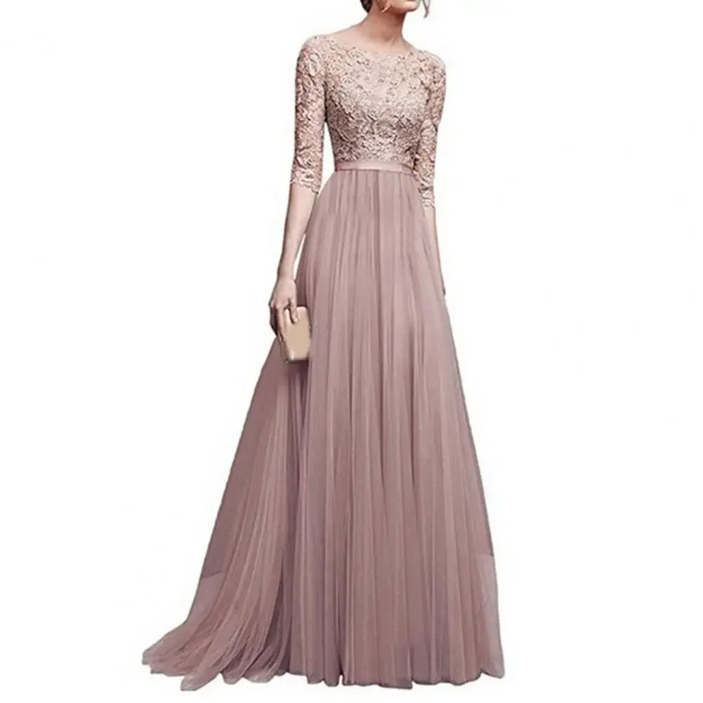Women Maxi Dress Lace Flower Embroidery Pleated Floor Length Women Chiffon Long Dress Elegant Evening Gown Prom Party Dresses