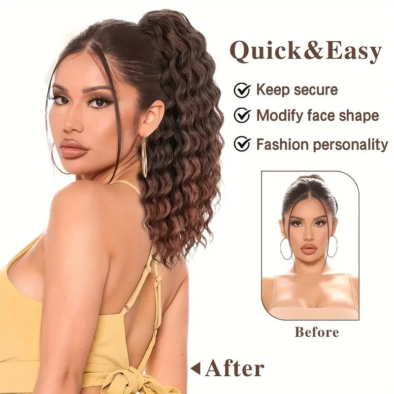 Curly Ponytail Extension Synthetic Drawstring Ponytail for Women 16Inch Long Curly Wavy Clip in Hairpiece for Daily Party