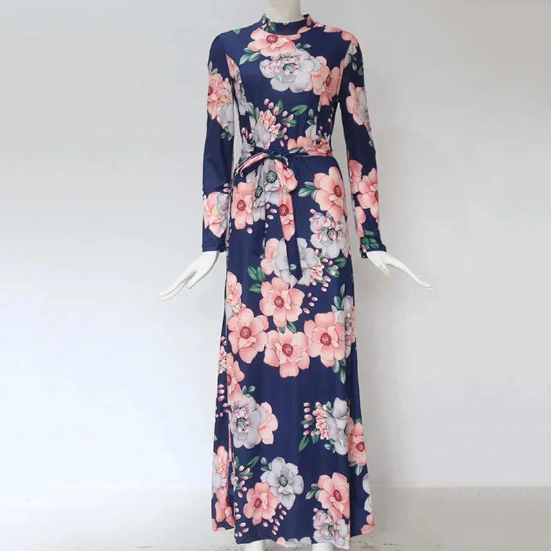 Women Summer Maxi Dress 2025 Casual Long Sleeve Boho Floral Print LOOSE Dress Turtleneck Bandage Elegant Party Dresses Vestidos