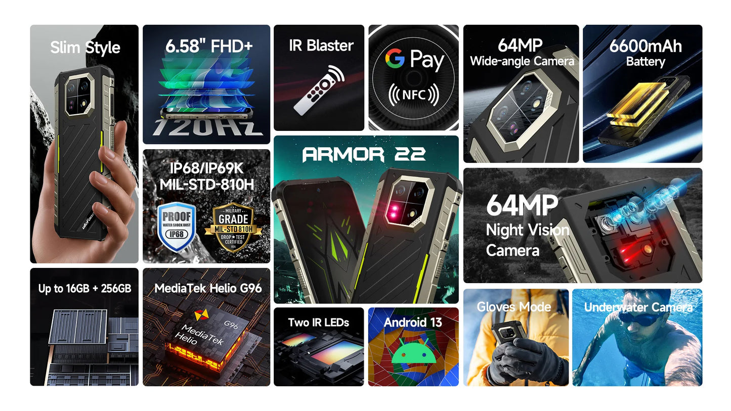 Ulefone Armor 22 Rugged Phone ,16GB (8GB+8GB) RAM ,128GB/256GB ROM , Android 13 Smartphone,NFC 64MP 4G Phone