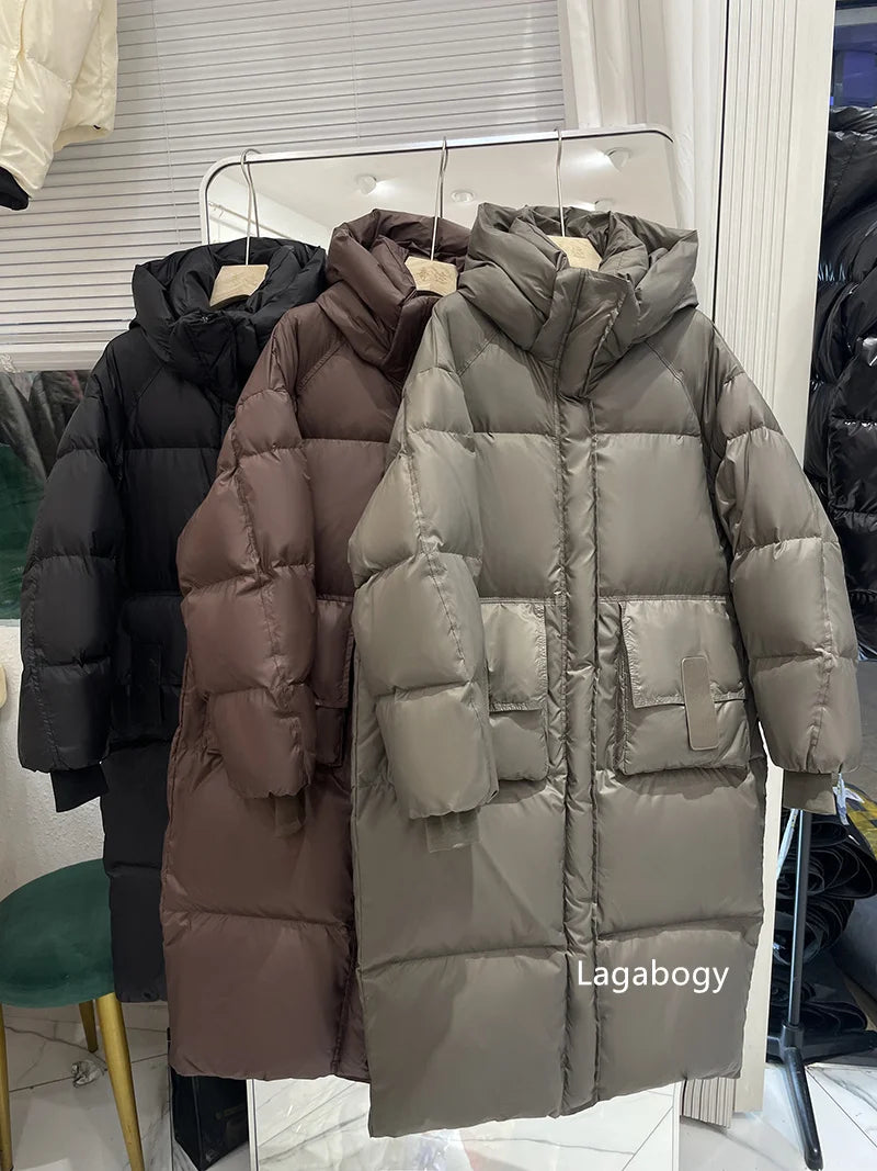 Lagabogy 2025 New Winter Women Puffer Jacket Female White Duck Down Coat Large Version of Warm Hooded Loose Thickened Long Parka