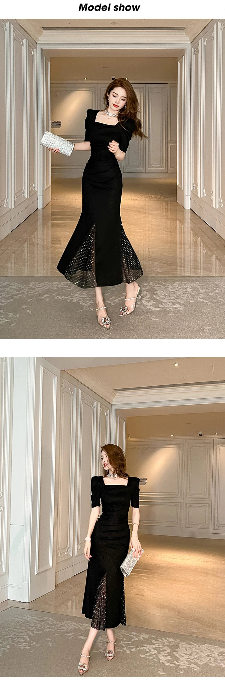 Women‘s Fashion French Retro Maxi Dress Woman Elegant Black Skinny Fishtail Robe Evening Party Vestidos Prom Banquet Gown Female