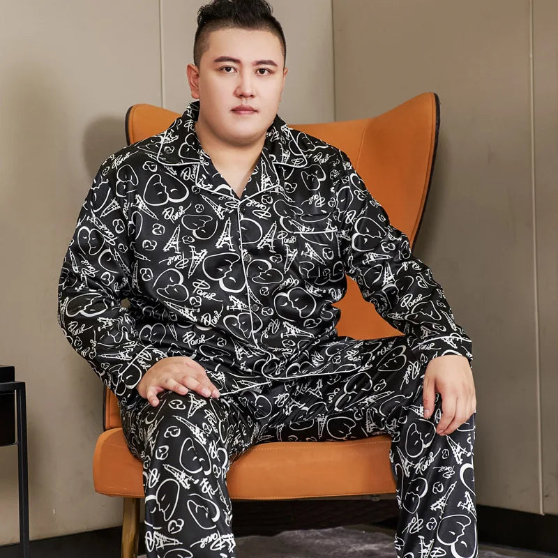 3XL-5XL 165KG Extra Large Size Pajamas Men Print Satin Long Sleeve Trouses Suit Spring Summer Fatty Fattening Loose Home Clothes