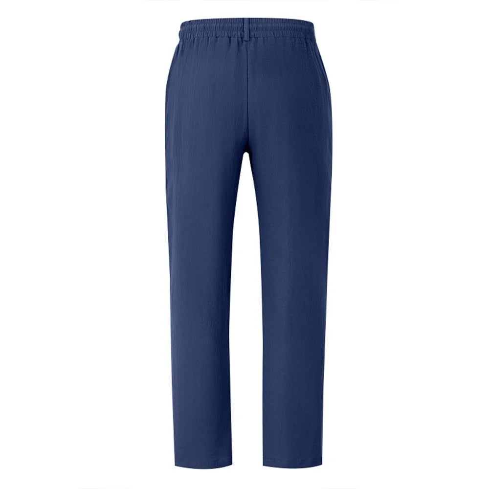 Autumn New Men's Cotton Pants Solid Color Button Drawstring Design Casual Loose Fit Cozy Trousers Simple Style Long Pants