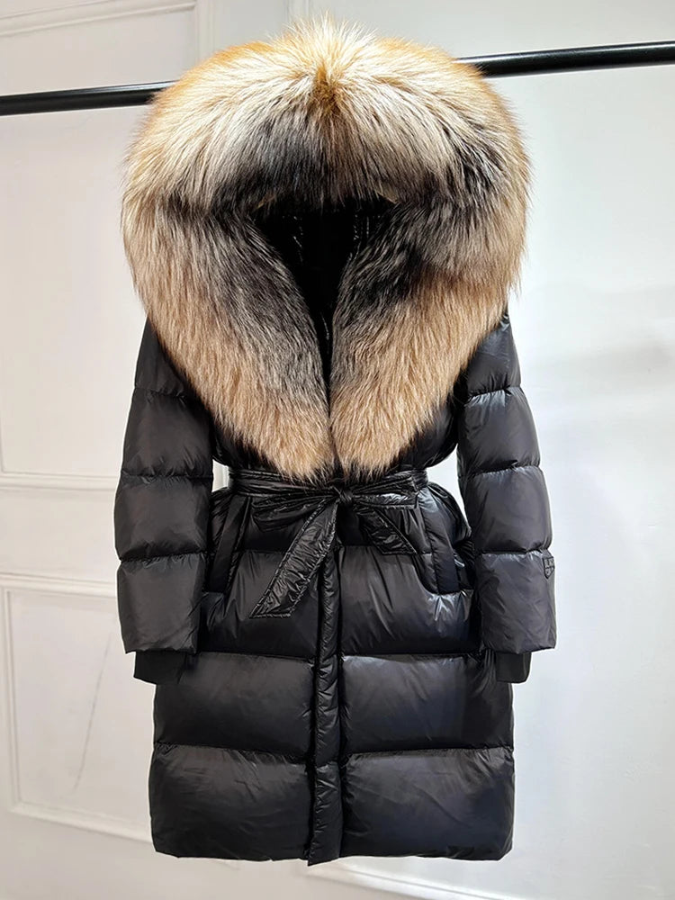 Janveny Winter Real Natural Fox Fur Hooded Long Puffer Down Jacket Women 90% Goose Down Coat Thick Warm Female Shiny Parkas