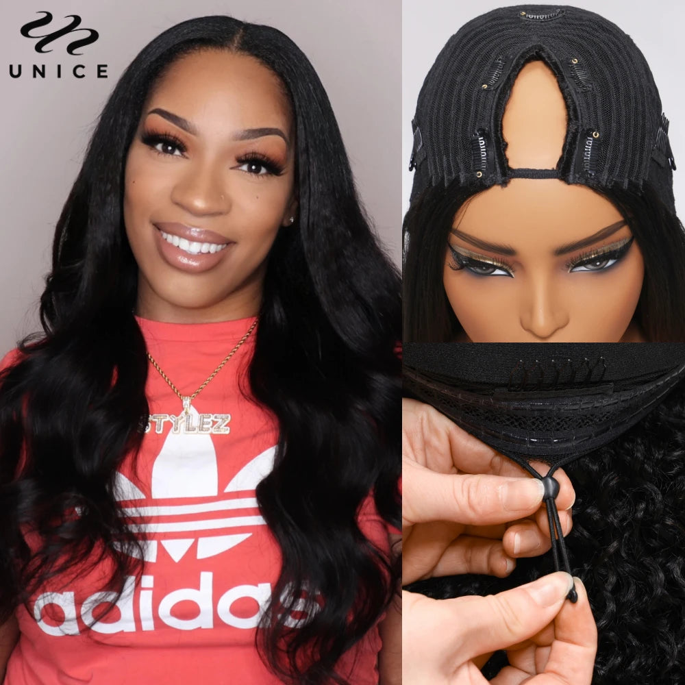 UNice Hair Drawstring Body Wave V Part Wig Natural Color 100% Human Hair Wigs Clip In V-Part Wig Mini Leave Out 150% Density