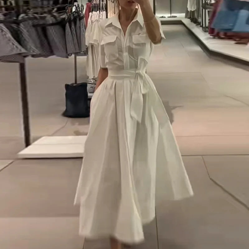 Elegant Single Breasted Khaki Long Dress Women Lapel Short Sleeve Pleat Slim Waist A-line Dresses 2025 Summer Autumn Lady Robes