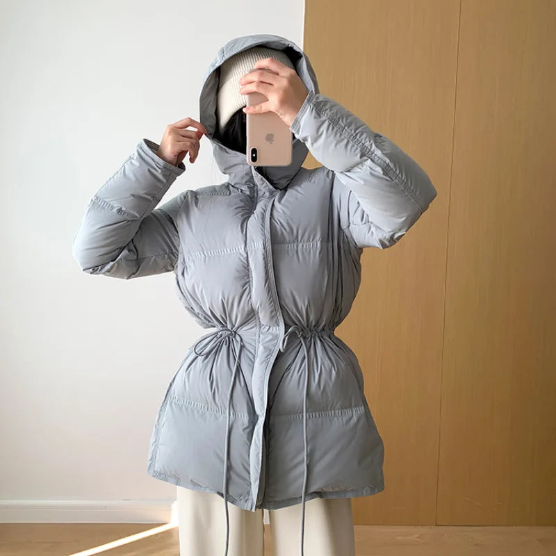 2023 New Autumn Winter Women Fashion Hooded 90% White Duck Down Coat Lady Slim Thick Warm Zipper Drawstring Lace-up Snow Jacket