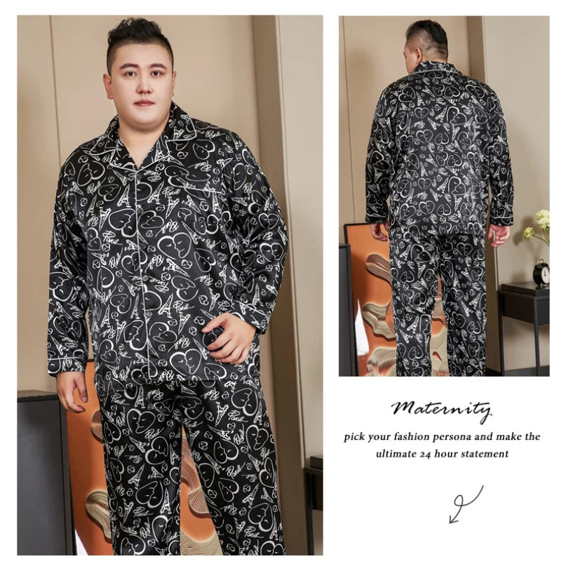 3XL-5XL 165KG Extra Large Size Pajamas Men Print Satin Long Sleeve Trouses Suit Spring Summer Fatty Fattening Loose Home Clothes