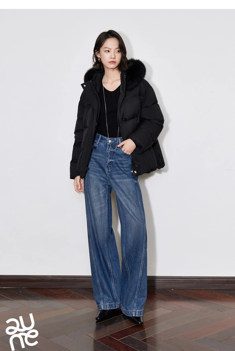 TOYOUTH Women Down Jacket 2024 Winter New 90% White Duck Down Fur Collar Hooded Warm Jacket Coat