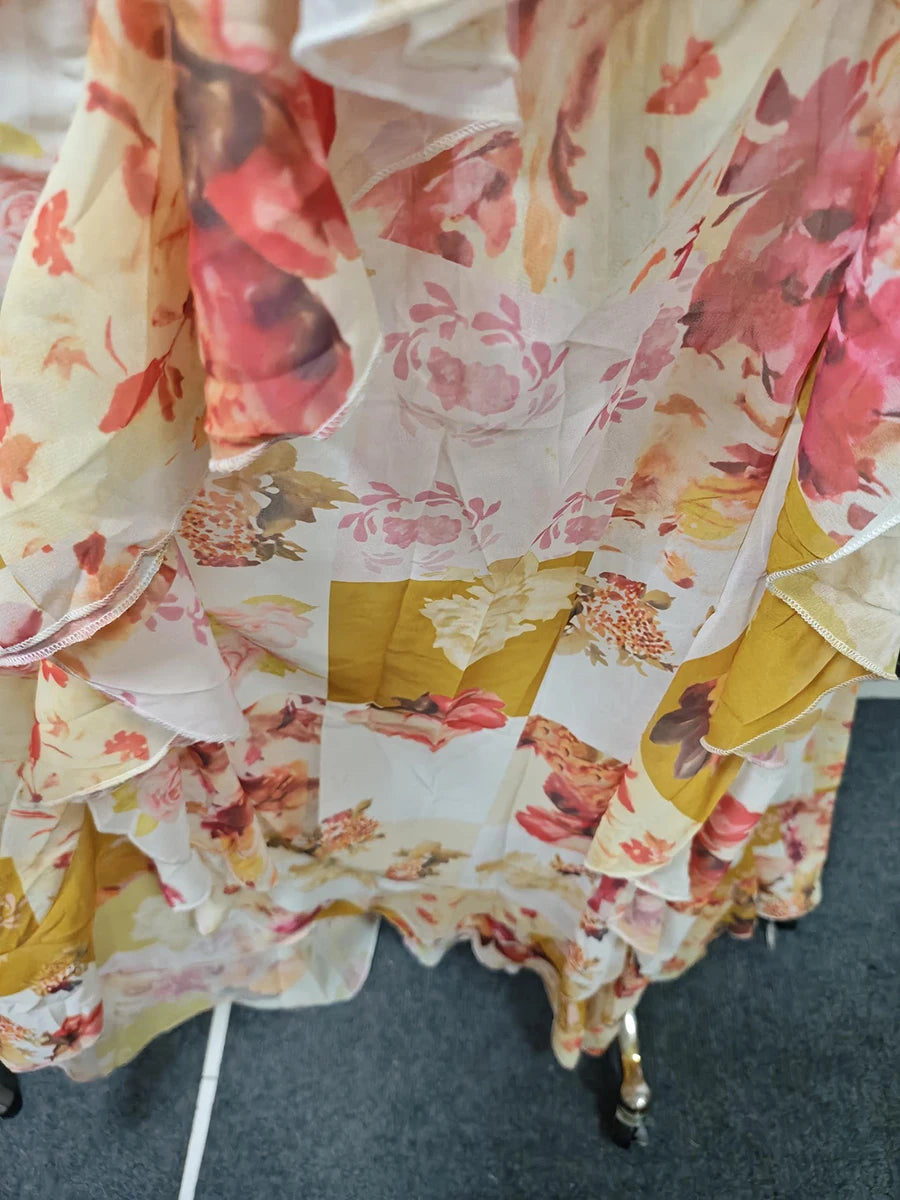 VGH Runway Style Maxi Dresses for Women V Neck Sleeveless High Waist Patchwork Ruffles Edge French Sexy Printed Dress Female New