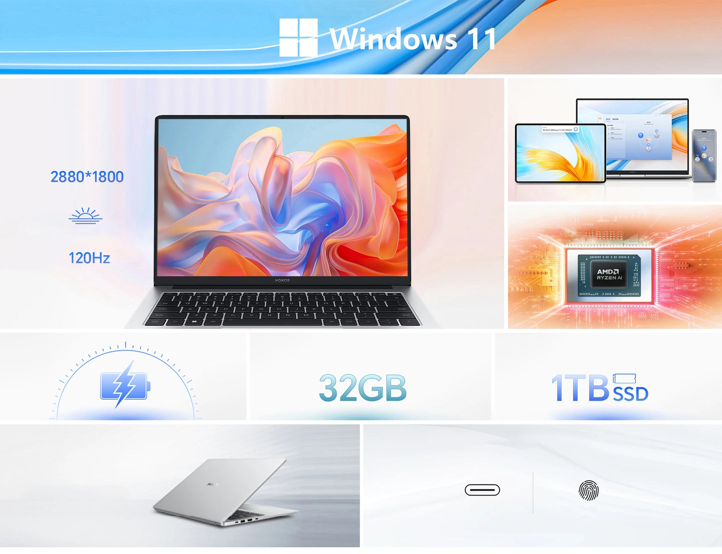 HONOR Laptop MagicBook X14 Plus 2024 14" Inch 2.8K 120Hz AMD Ryzen R7 8845HS 16/32GB 1TB Computer PC Notebook Ultrabook FMI-721