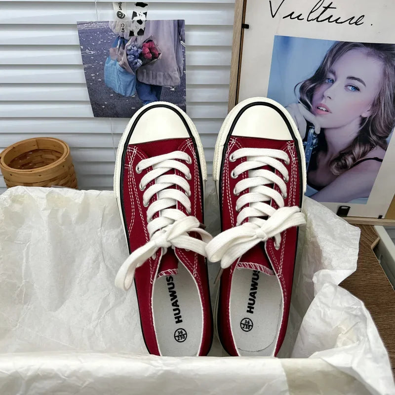 2024 New Style Korean Versatilewine Red High Top Shiny Canva Women's Shoes With Thick Sole 4CM Low Top Sneaker H-1