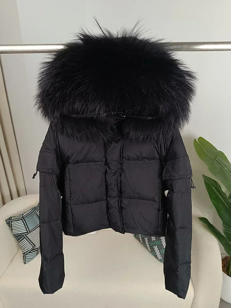 Outerwear Autumn Winter Women Hooded Fashionable Streetwear Detachable Sleeve Real Raccoon Fur Collar Jacket Duck Down Loose
