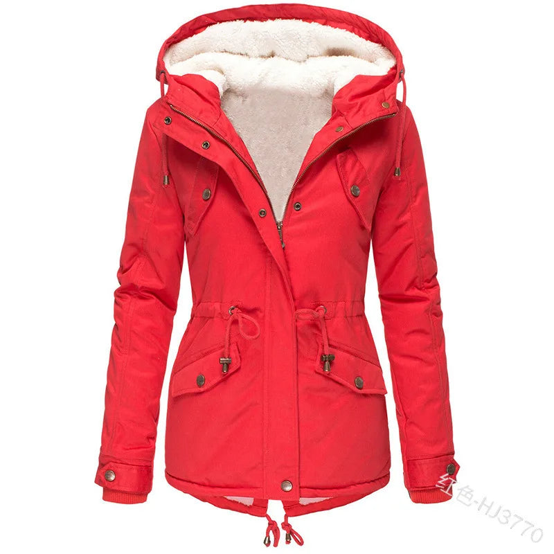 Women's Winter Jacket Warm Solid Plush Thickened Long Winter Coat Outdoor Hiking Hooded Casual Windproof Parka Coat Overcoat